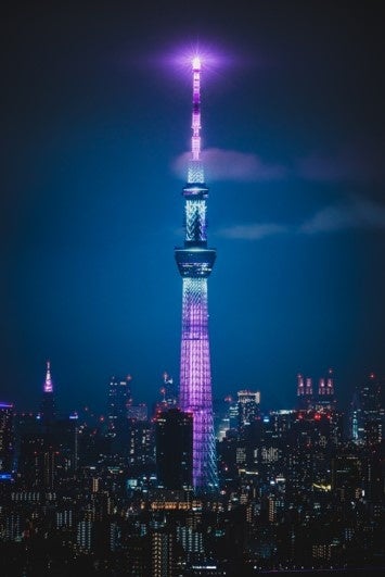 紫がかった光でライトアップされた夜の東京スカイツリー