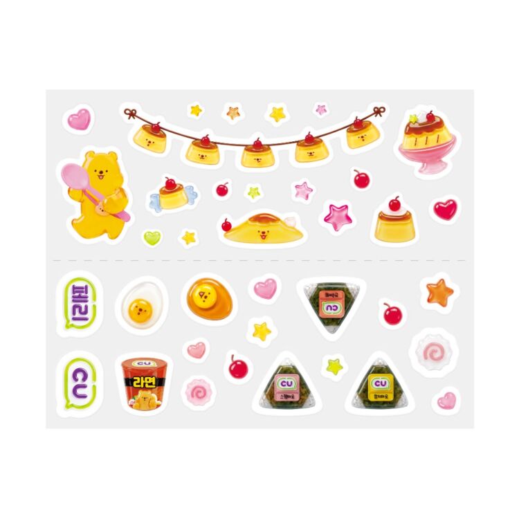 A peripera sticker sheet with illustrations of pudding, rice balls and more