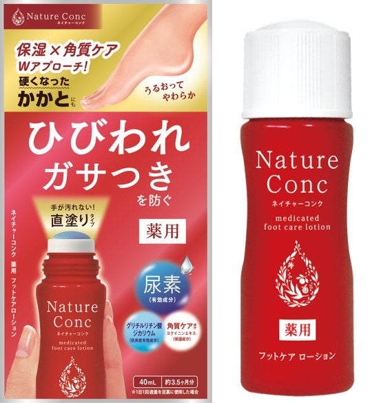 赤いボトルの既存品、ネイチャーコンク 薬用 フットケアローションと、赤い箱
