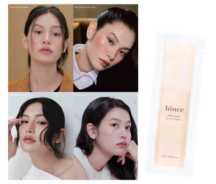 4人のモデルの顔写真と、hinceのサシェ