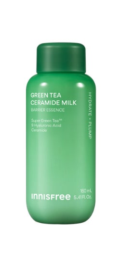 緑色のボトルに入った、INNISFREE グリーンティー セラミド ミルク エッセンストナー