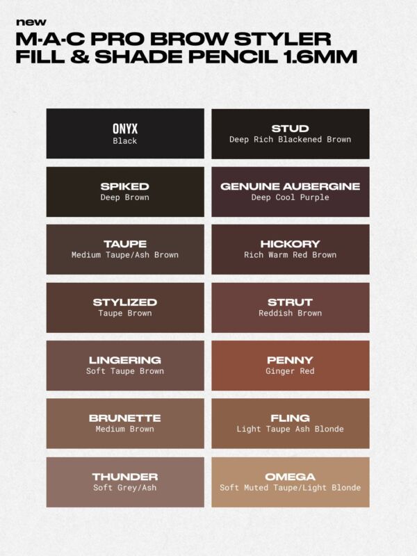 Swatches of all 14 shades of the Pro Brow Styler Fill & Shade Pencil