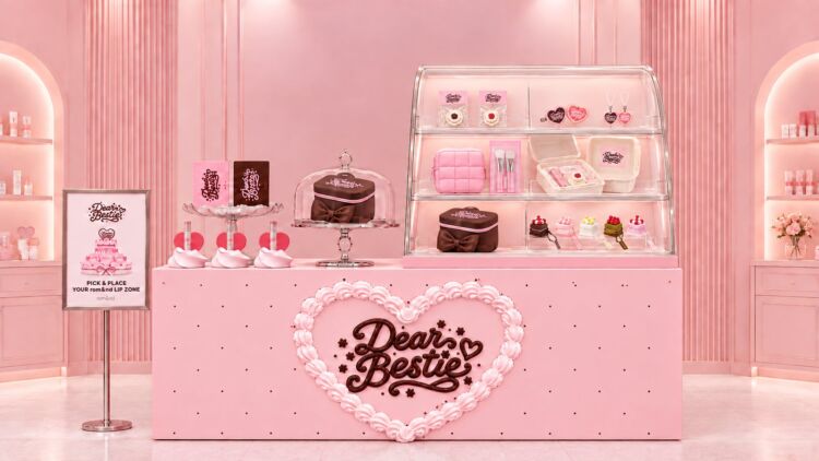 ハート形の「Dear Bestie」ロゴが付いた、ピンク色のカウンターとショーケース