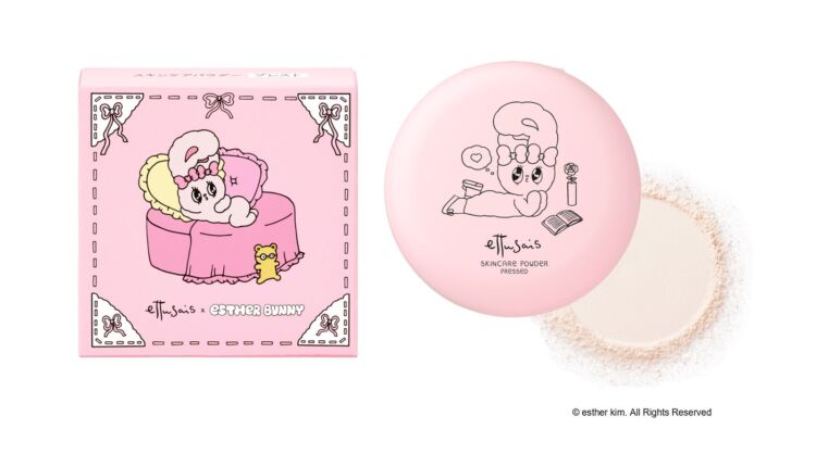 エスターバニーのイラスト入りのピンクのコンパクトと、パウダーのスウォッチ、エテュセ スキンケアパウダー(プレスト)