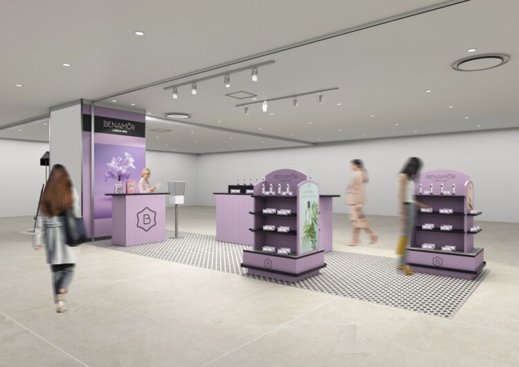 商品棚を備えた紫色のBenamôr POP UPストアの店内イメージ