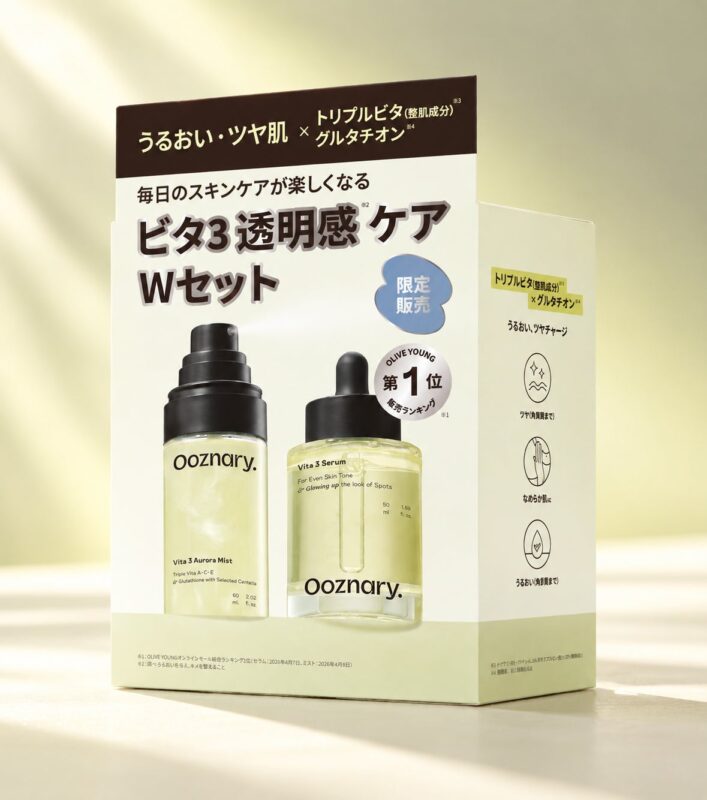 Packaging of the Vita3 Radiance Care W Set, with bottles of Aurora Mist and Vita3 Serum side by side