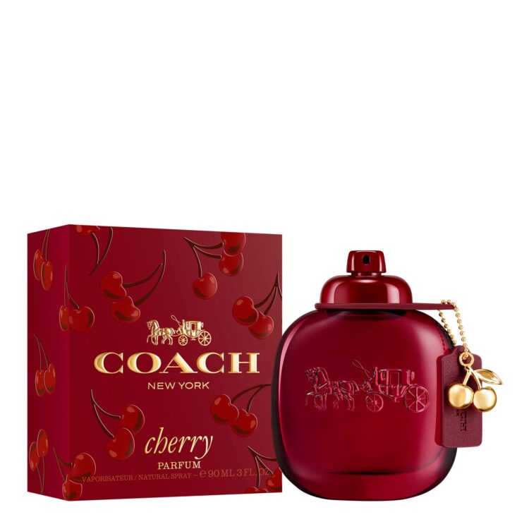 樱桃图案的红色外盒与Coach Cherry Parfum瓶身