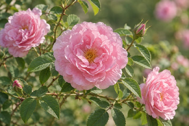 Pink Damask roses blooming among green leaves