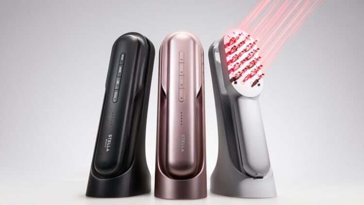 ピンクの光を放つ、3色のSTELLA BEAUTEのビューティデバイス
