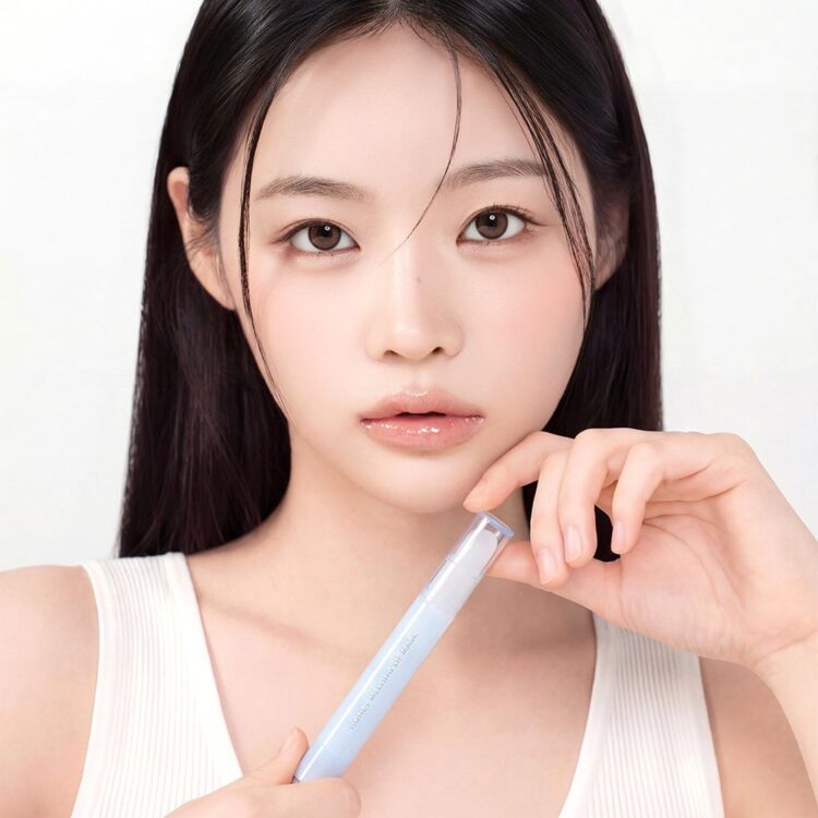 手持浅蓝色唇膜的模特
