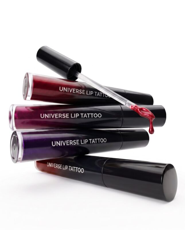堆叠的Universe Lip Tattoo与前端滴落红色液体的涂抹器