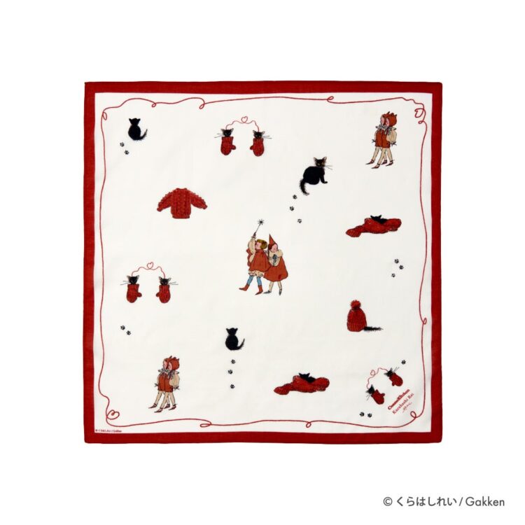 RED organic cotton handkerchief with a red border, illustrated with a red sweater and a black cat