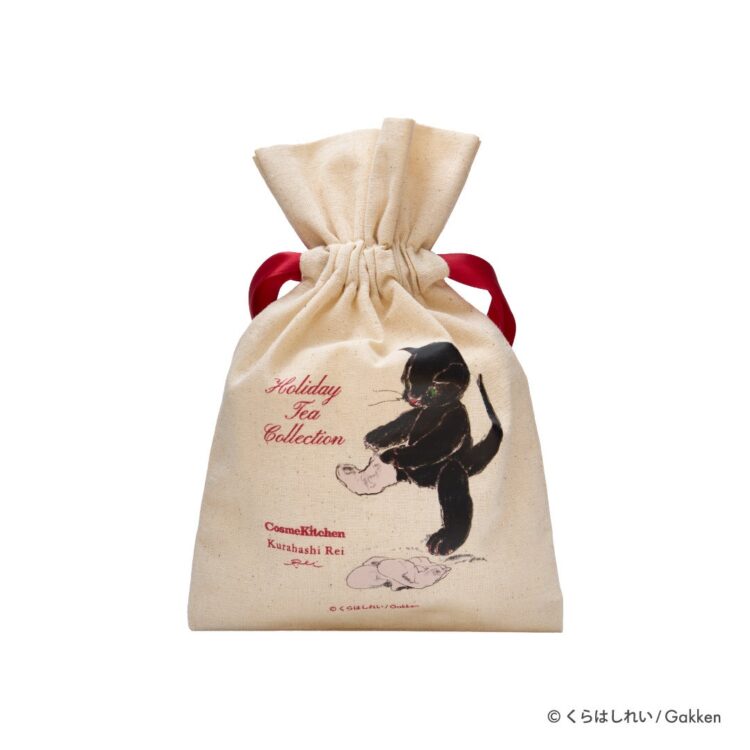 Drawstring pouch of the Holiday Tea Collection Mini, designed by Rei Kurahashi with a black cat illustration