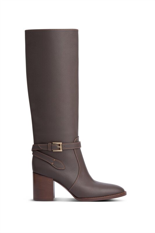 Brown leather long boots with a buckle belt