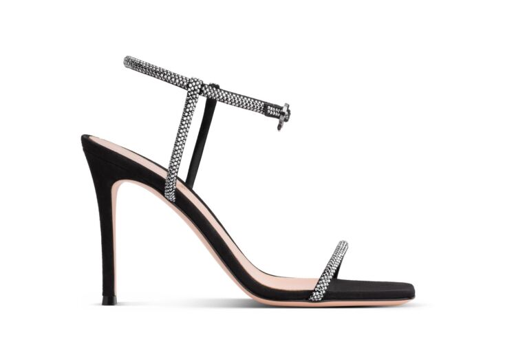Black suede high-heeled sandals with rhinestone straps