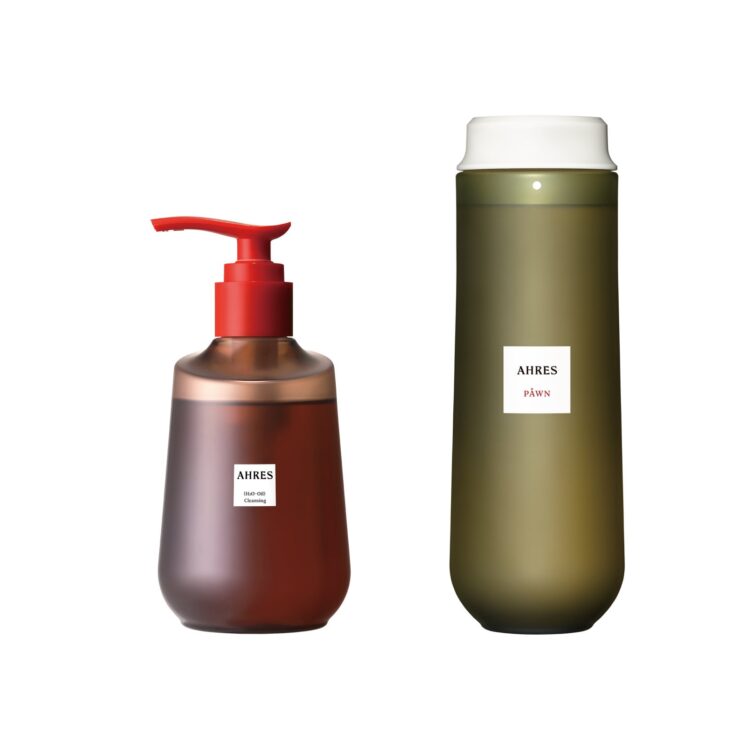 AHRES products: a brown bottle with a red pump beside an olive-colored bottle