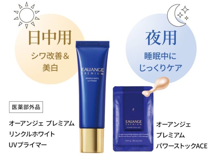 Packages of the daytime Wrinkle White UV Primer and the nighttime Power Stock ACE