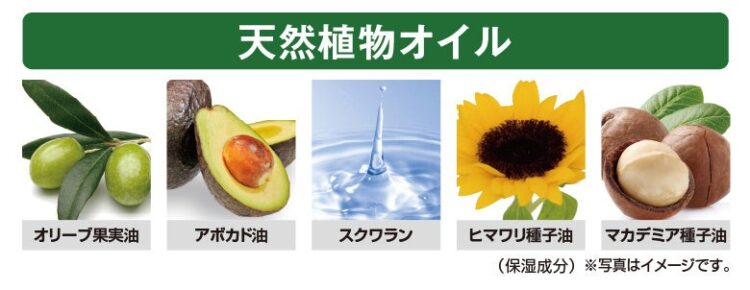 Explanation of the five plant oils: olive fruit oil, avocado oil, squalane, sunflower seed oil and macadamia seed oil