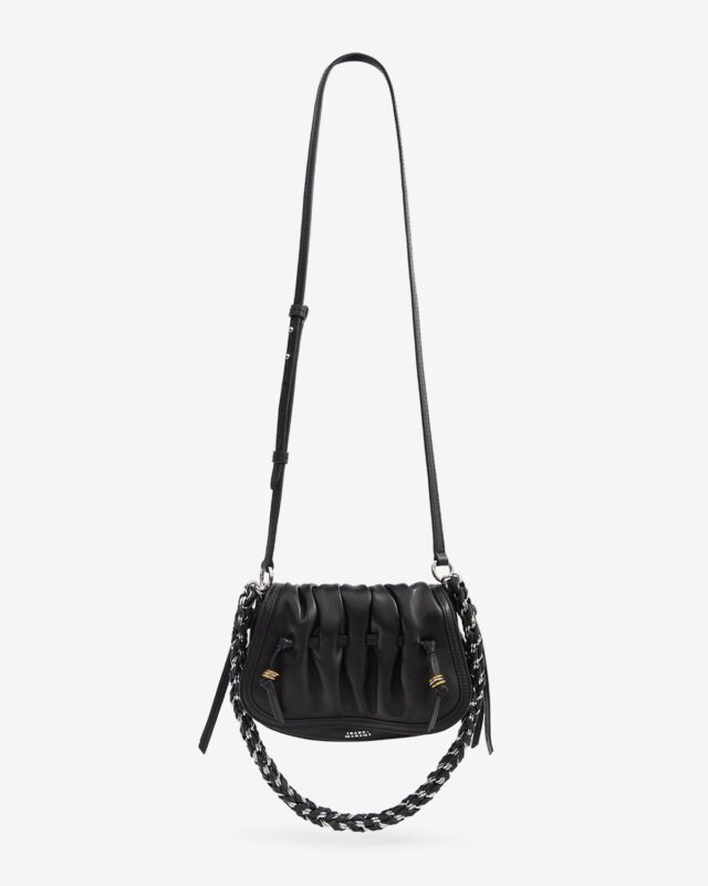 ブラックのボルトンバッグ XS。ショルダーストラップ付き