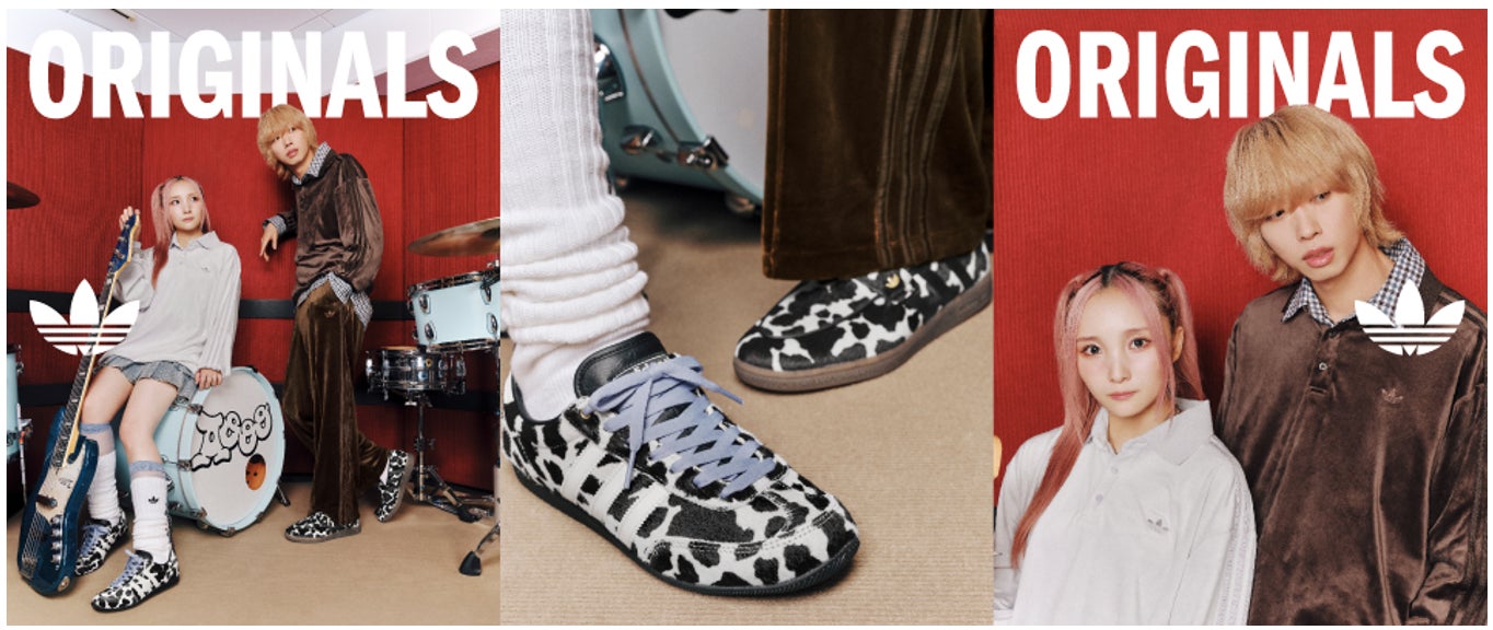 adidas Originalsのベロア衣料とアニマル柄シューズの秋冬ビジュアル