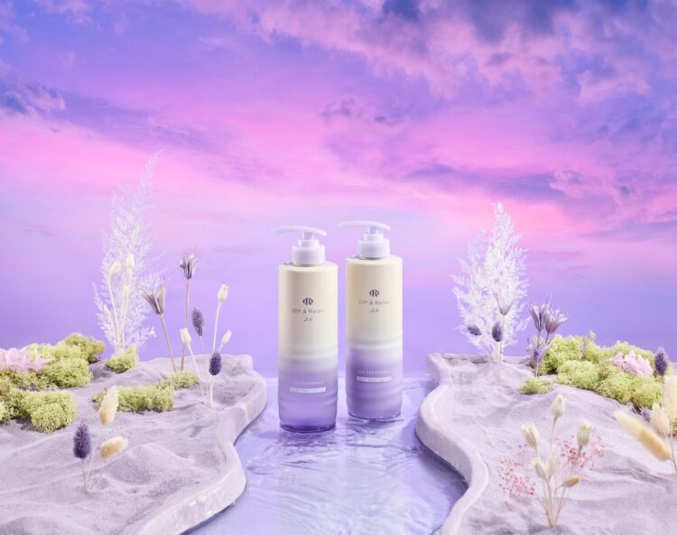 Off&Relax2.0 Silky Night Repair shampoo and treatment lined up against a purple background