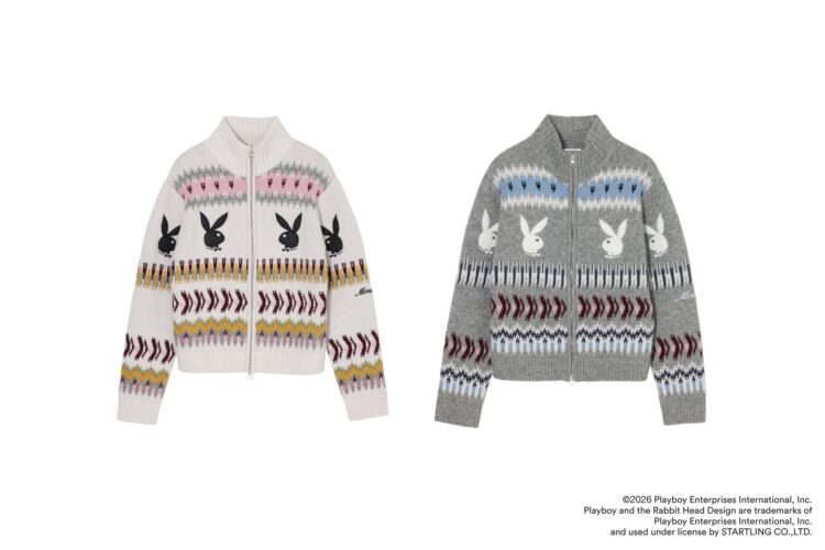 Jacquard zip-up knit with a rabbit head pattern