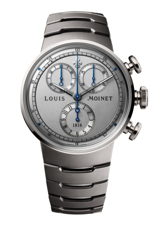 銀色の文字盤に青い針を配したLOUIS MOINET/1816