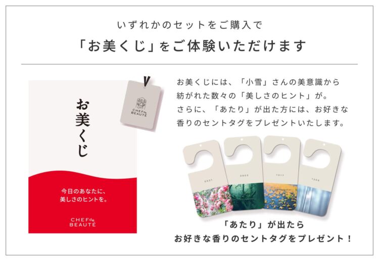 「お美くじ」の説明。赤いくじのカードと、4種のセントタグの見本