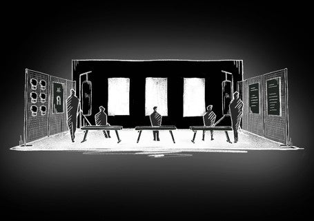 ベンチと壁面のスクリーンが並ぶ会場を描いたイメージスケッチ