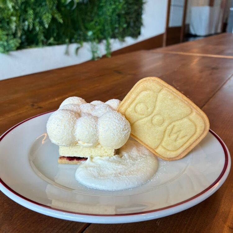泡のようなムースと、赤箱の型押しのクッキーが皿に盛られたデザート