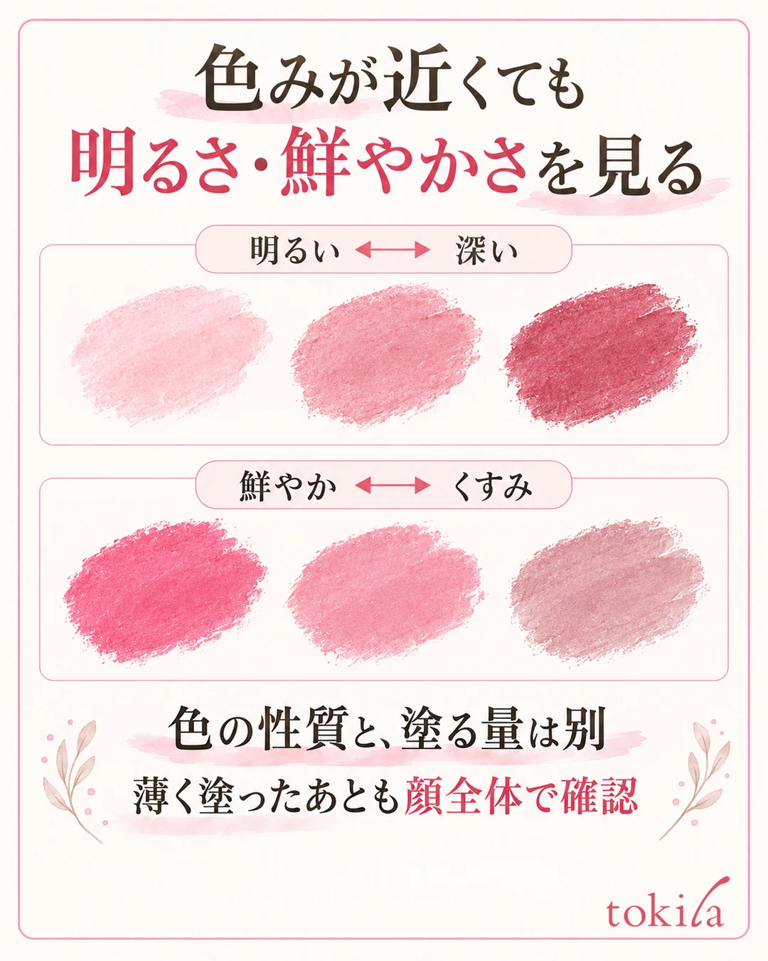 Comparison chart in two rows: light rose and deep rose, vivid pink and muted pink
