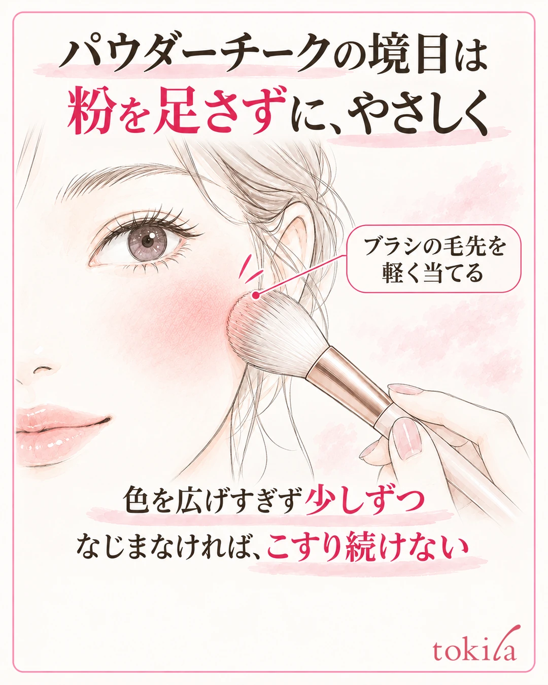 Line drawing of lightly touching a brush with no added powder to the edge of the blush
