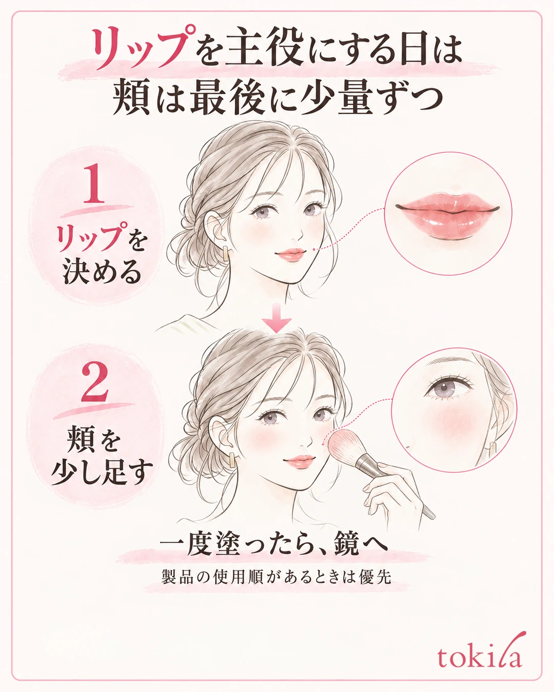 립을 정한 뒤 볼에 치크를 소량 더하는 2단계 순서