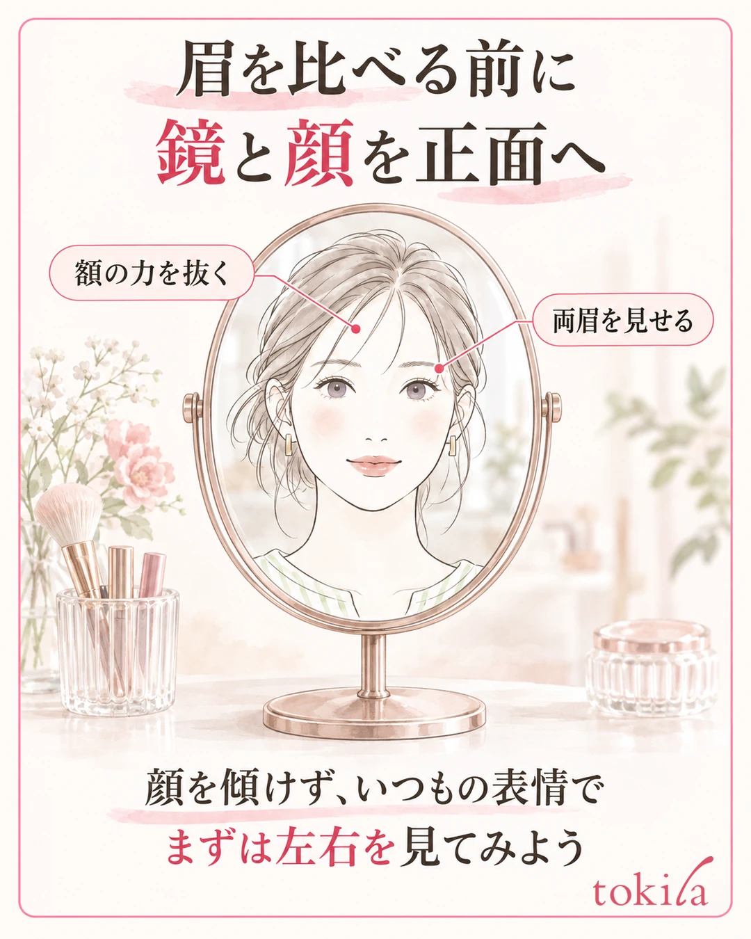 정면에 놓은 탁상 거울에 비친 얼굴에서 이마의 힘을 빼고 양쪽 눈썹을 보여 확인하는 그림