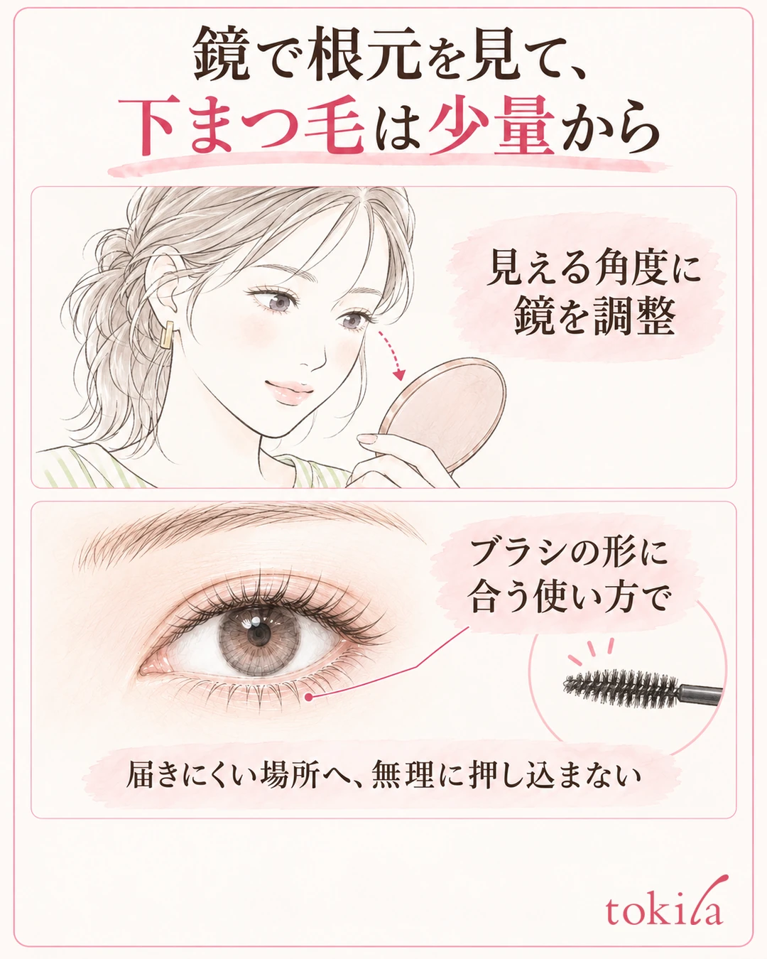 거울을 아래에 두고 윗속눈썹의 뿌리를 확인하는 자세와 아래 속눈썹에 쓰는 소량의 제품을 보여 주는 그림