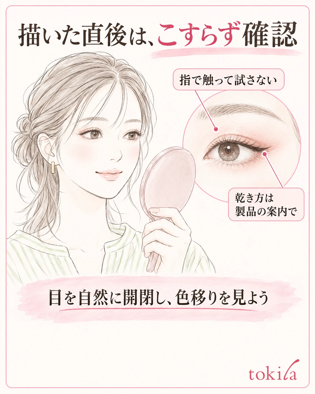 Diagram of holding a mirror in front and looking at the state of the eyeliner without touching the eyes