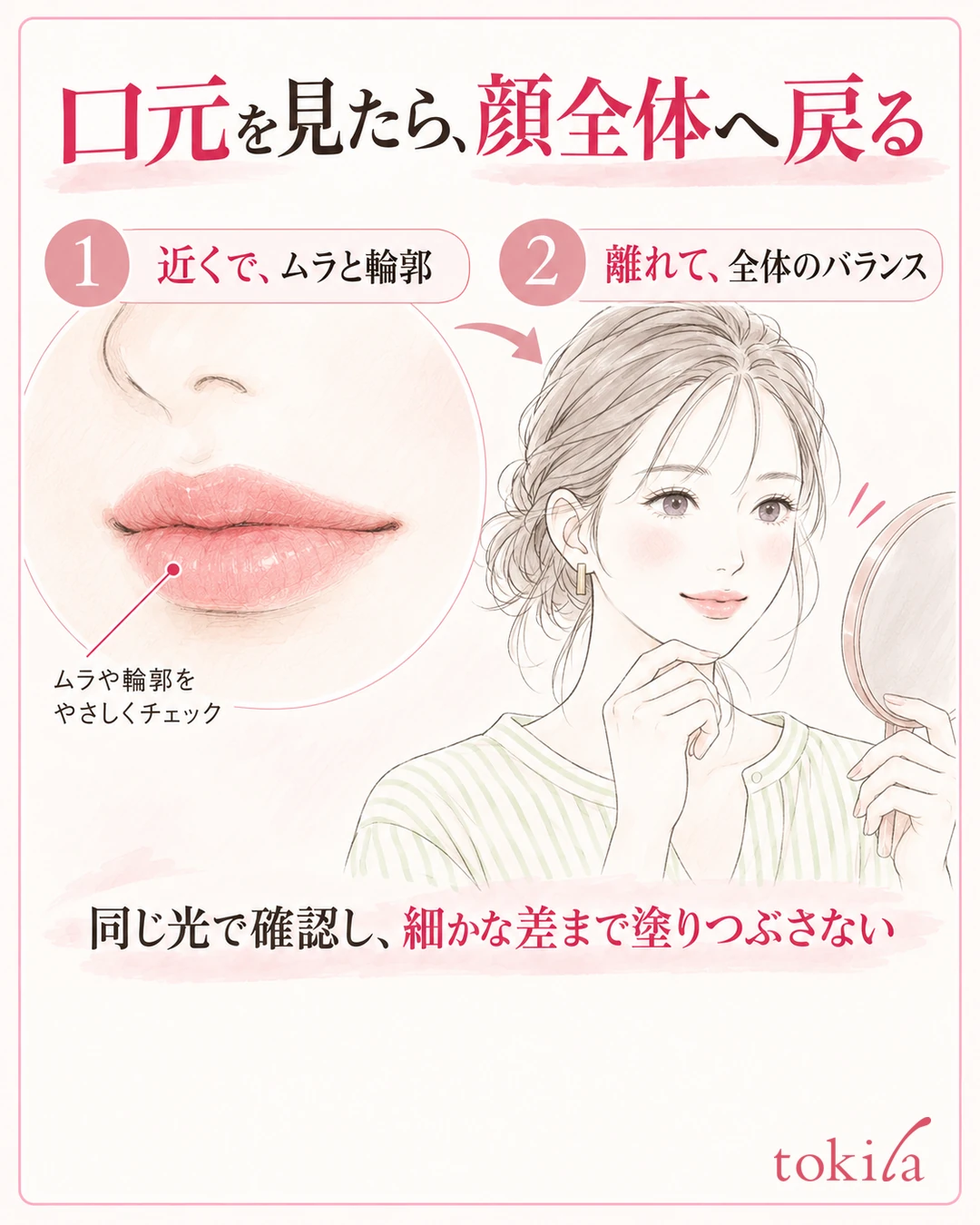 같은 빛에서 입가의 세부와 얼굴 전체의 균형을 확인하는 순서
