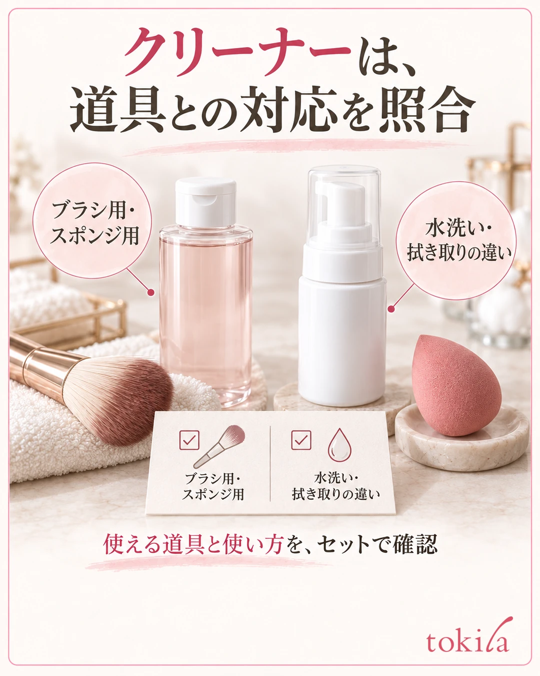 核对分别适用于化妆刷和海绵的清洁剂及其用法的示意图