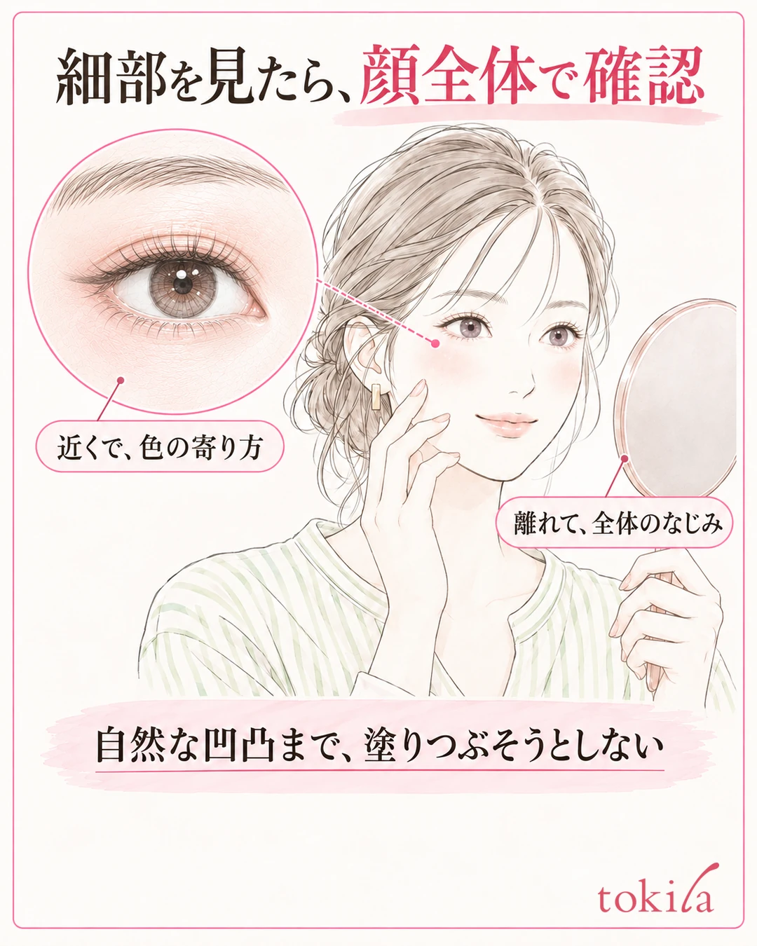 눈 밑의 세부를 본 뒤 자연스러운 표정으로 얼굴 전체를 확인하는 그림