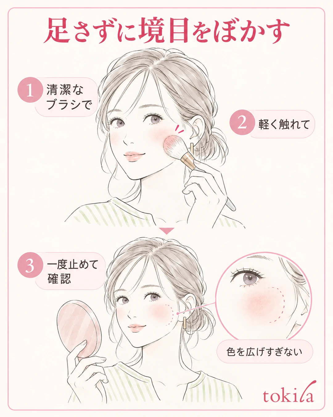 A step where a brush with no fresh powder lightly touches the edge of the blush and you check in the mirror
