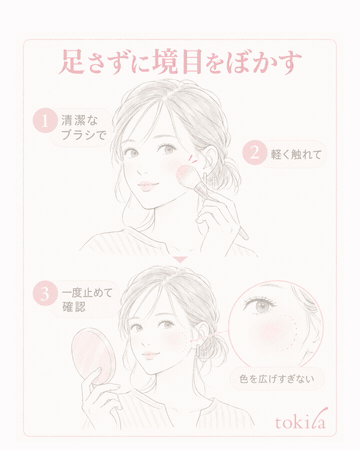 Supplementary diagram: lightly blend powder blush without adding new color; if the color remains strong, adjust little by little with a thin base; next time, adjust the amount on the brush and layer thinly