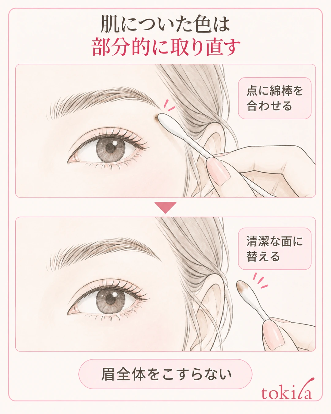 눈썹 꼬리 아래 피부에 묻은 작은 색 점을 면봉으로 부분적으로 지우는 순서