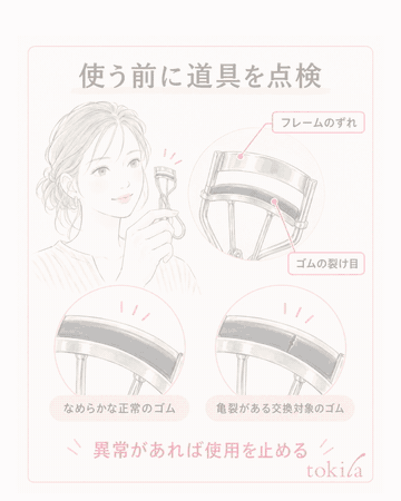 Supplementary diagram: Before use, check the frame and rubber pad; place the mirror slightly lower and look at the lash line before clamping; divide into roots, middle, and tips, and ease off the pressure toward the tips