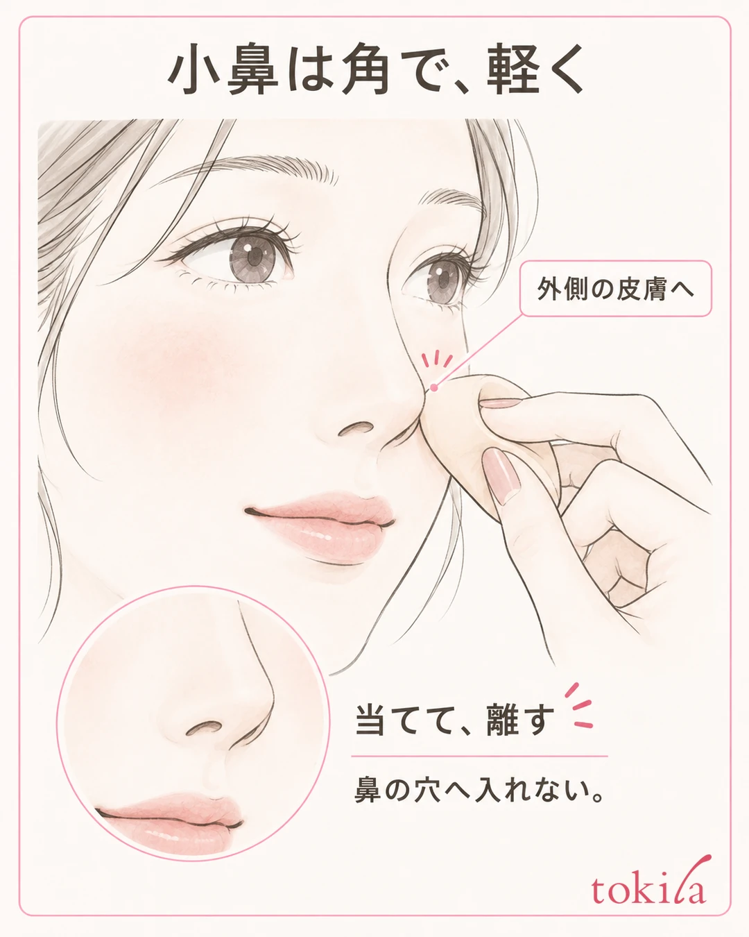 반으로 접은 스펀지의 둥근 모서리를 콧방울 바깥쪽 피부에 가볍게 대고, 콧구멍 안으로 넣지 않고 마무리하는 동작