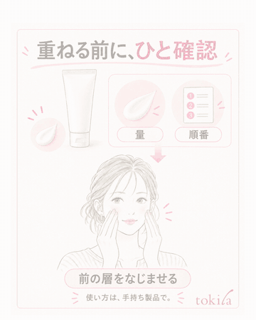 보충 그림: 앞선 층을 스며들게 하고 제품별 사용량과 순서를 읽기, 부드럽게 펴 바르고 같은 곳을 여러 번 문지르지 않기, 생기면 덧바르는 손을 멈추고 부분 수정을 선택하기