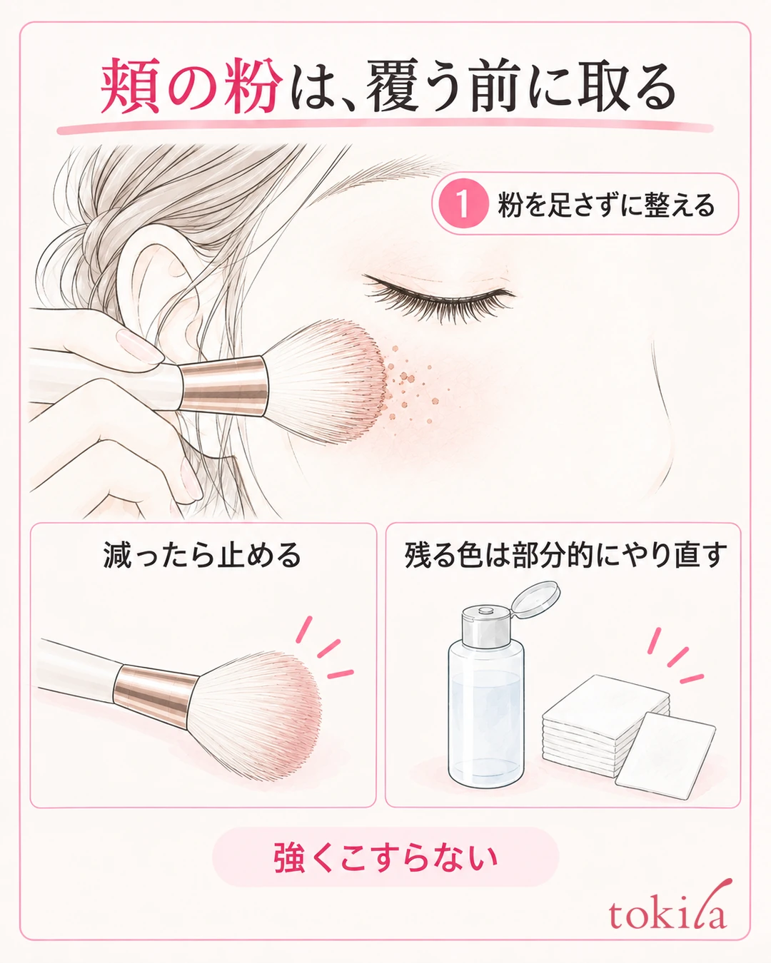 Decision diagram: lightly tidy residue on the cheek with a soft, powder-free brush, then redo only the color that remains, in parts