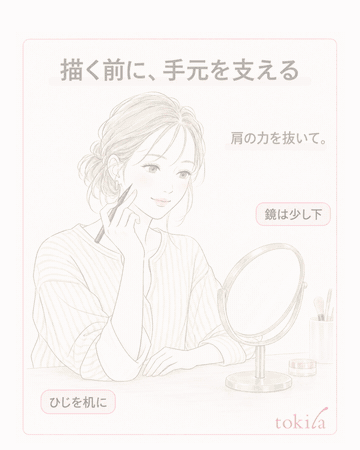 补充图解:调整镜子和手肘的位置,确认笔尖的状态;不要一口气画完,而是分成适合类型的短段连接;在涂粗填满之前,先决定要保留的线和要修的地方