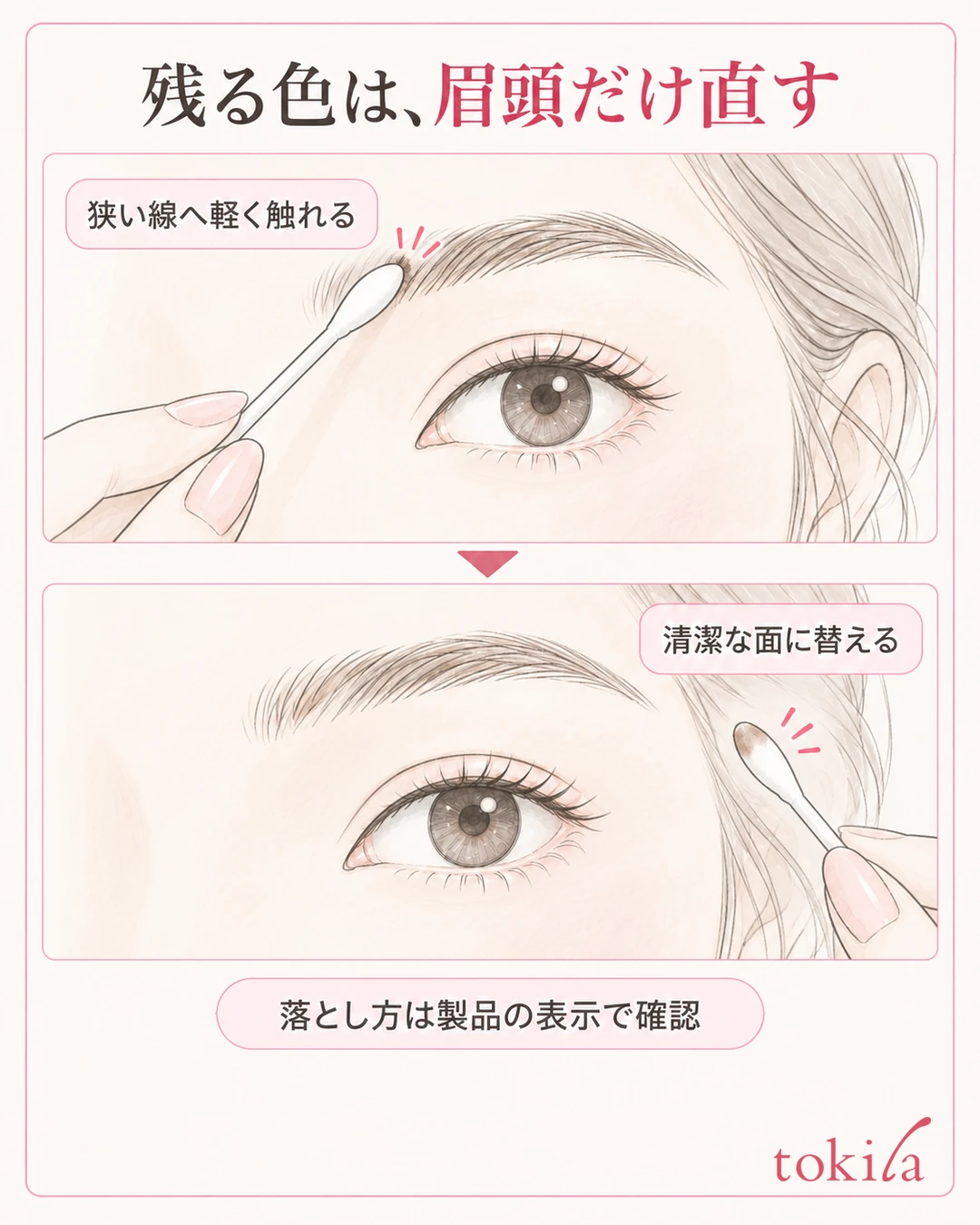 눈썹 앞머리 피부에 진하게 그린 작은 선에 면봉을 대고, 색이 옮겨 묻은 뒤에는 깨끗한 면으로 바꾸는 두 단계 그림