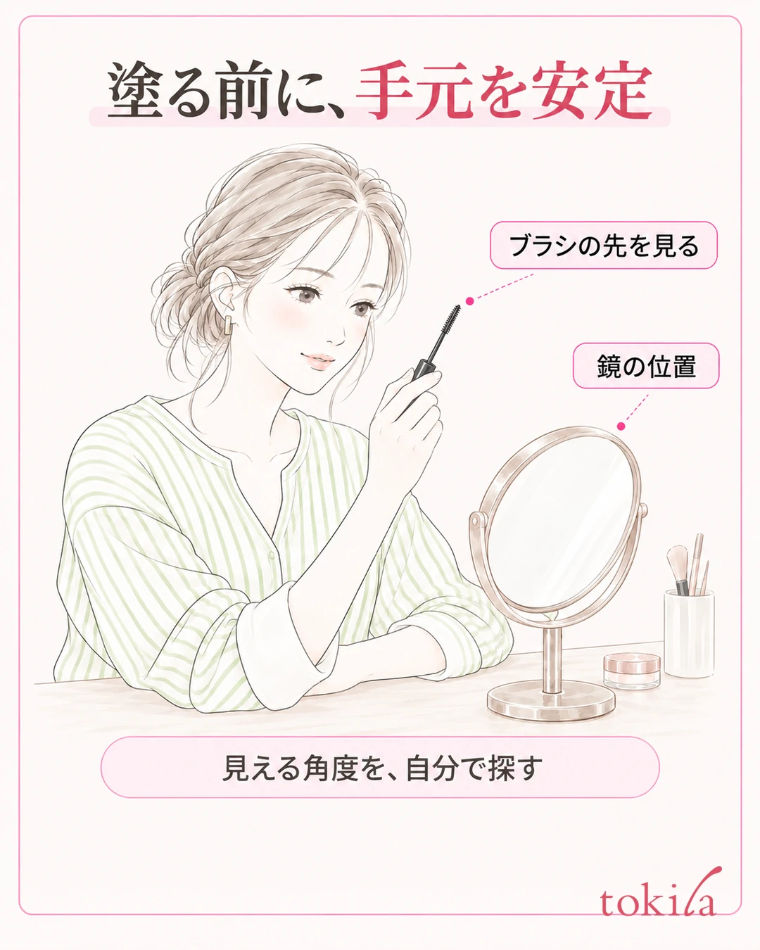 탁상 거울과 팔뚝을 안정시키고 눈에서 뗀 브러시 끝을 확인하는 그림