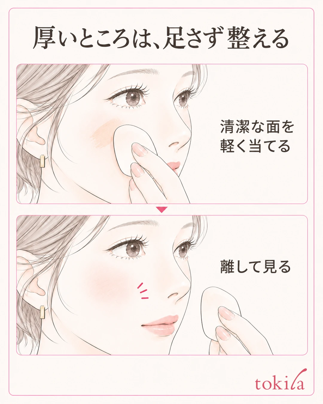 Step diagram of lightly touching a clean sponge face to the cheek without adding powder, then lifting it away to check